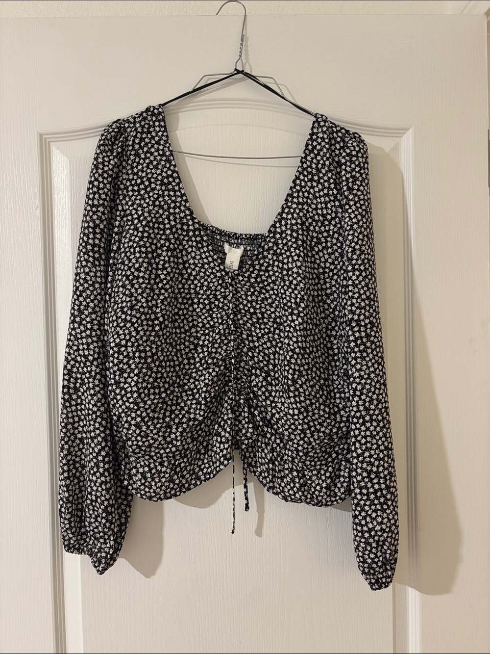 H&M Black and White Floral Drawstring Blouse